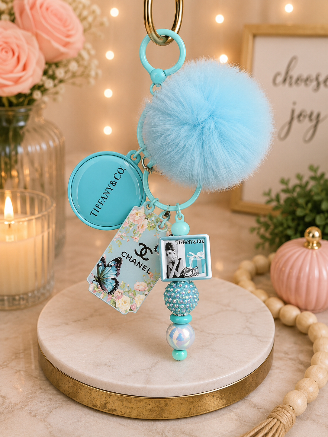 Luxury Blue Pom Pom Keychain with Butterfly Charm