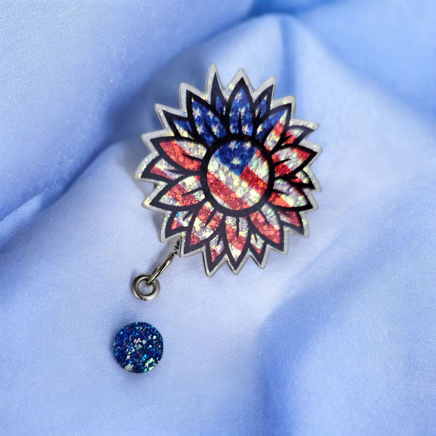 Patriotic Sunflower Badge Holder, Cute ID Holder, Gift for Nurse, Gift for Baseball fan