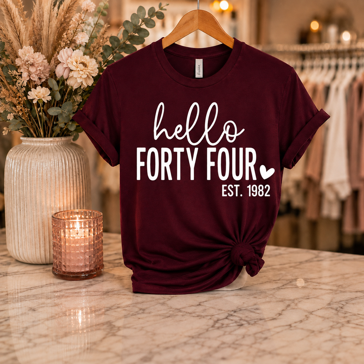 Hello Forty Four Birthday Tee – Maroon