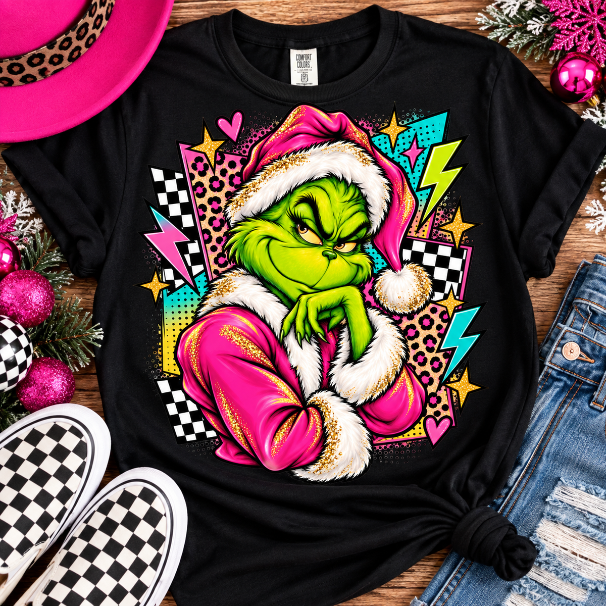 Pink & Green Holiday Mischief Christmas Tee – Black