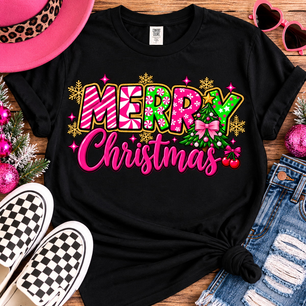 Merry Christmas Pink & Green Holiday Tee – Black