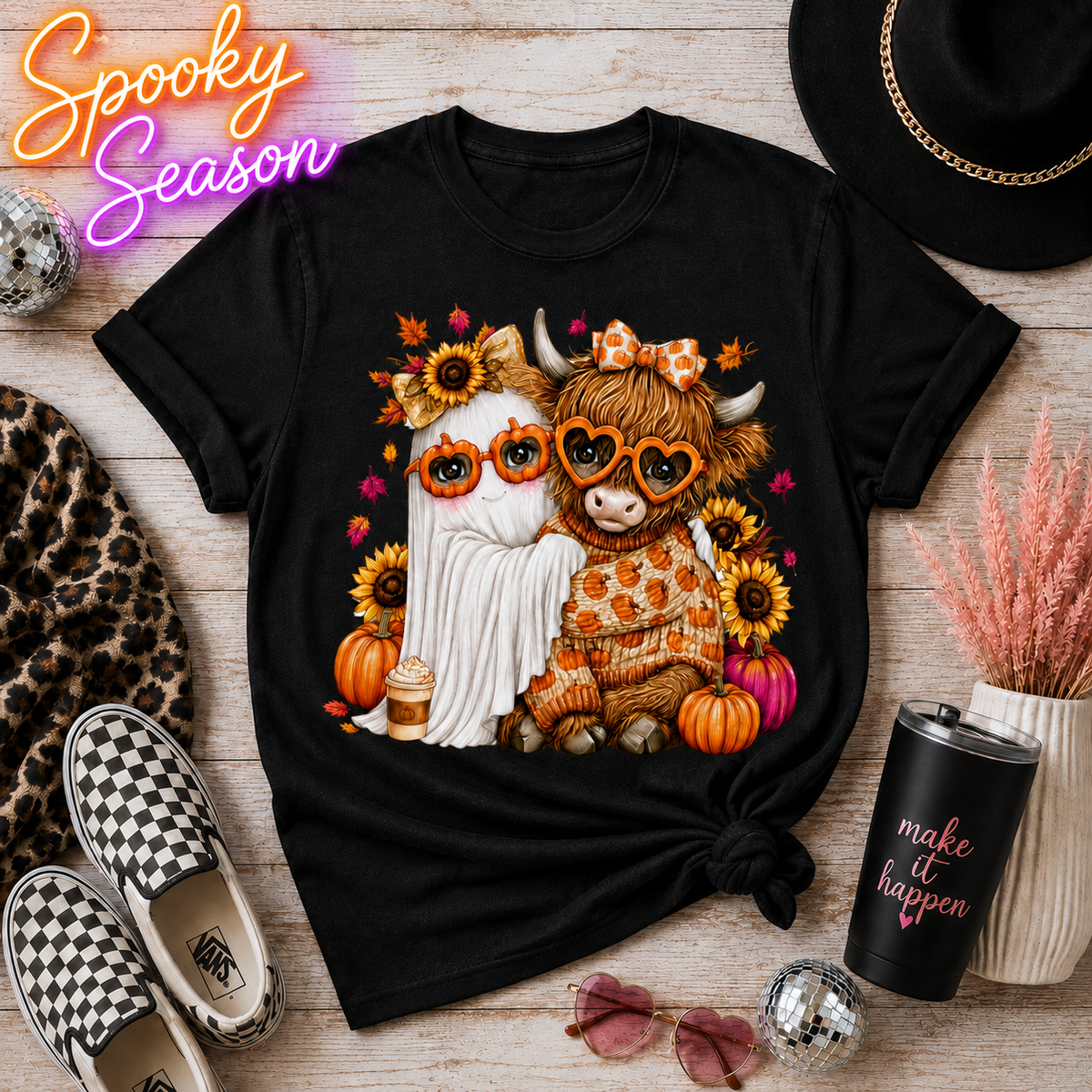 Fall Besties Ghost & Highland Cow Graphic Tee
