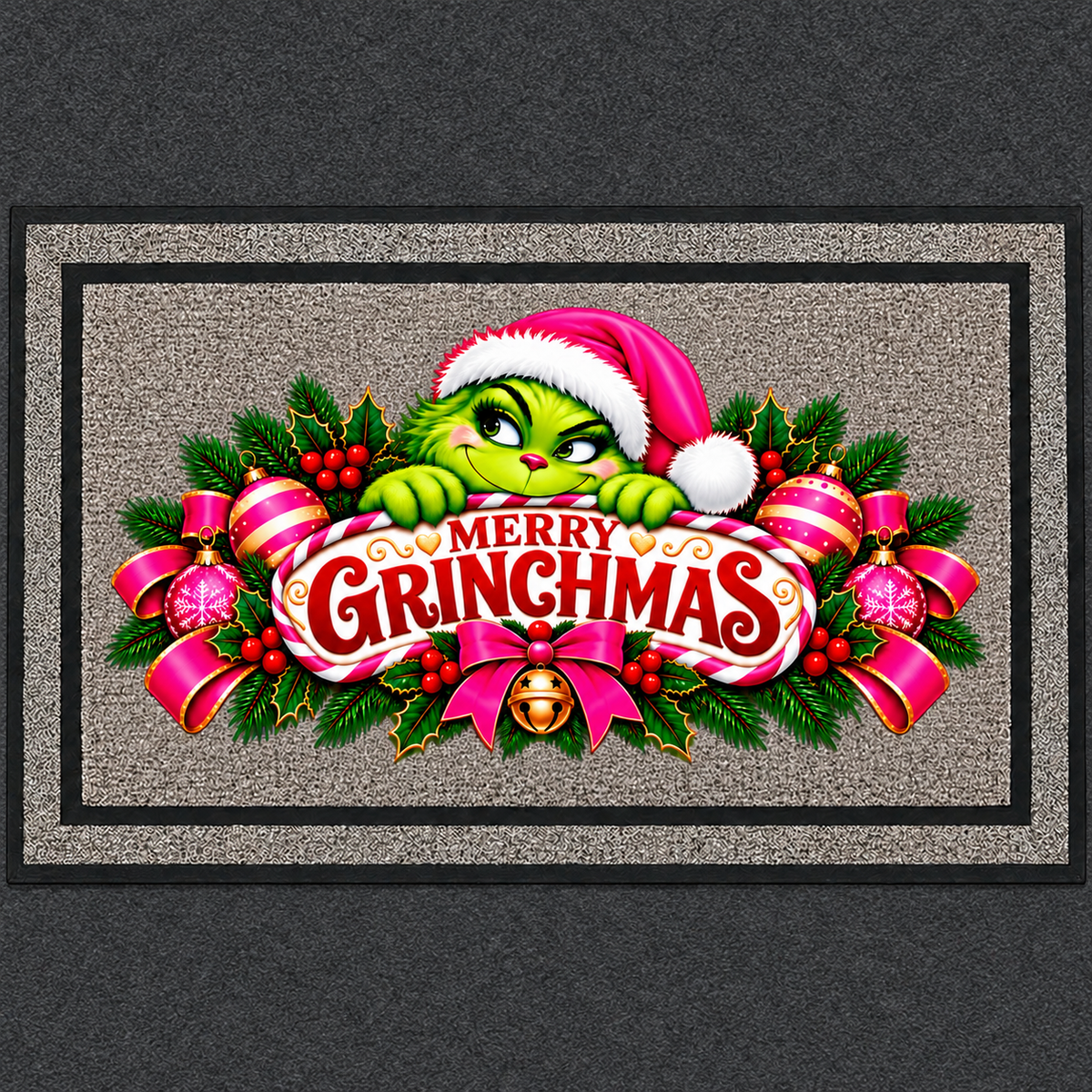 Pink Green Monster Christmas Doormat