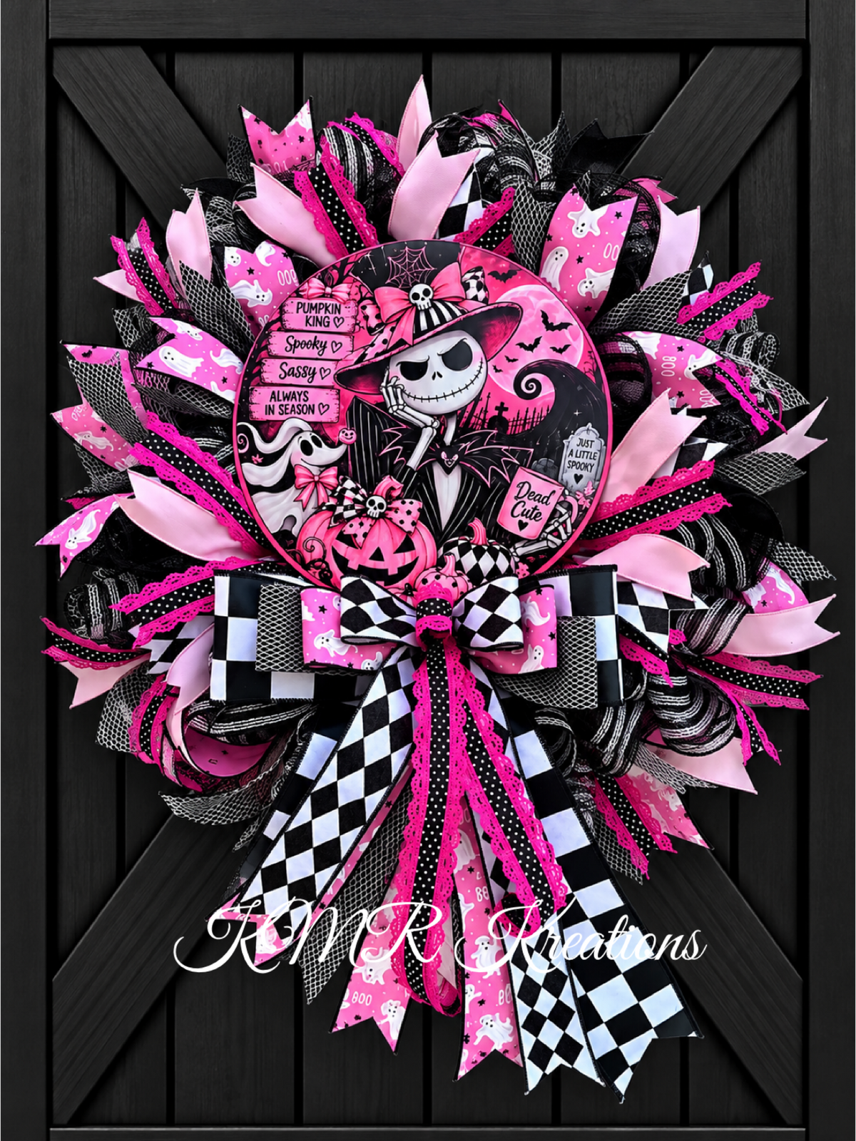 Spooky & Sassy Pink Halloween Wreath | Pink Black & White Skeleton Door Wreath
