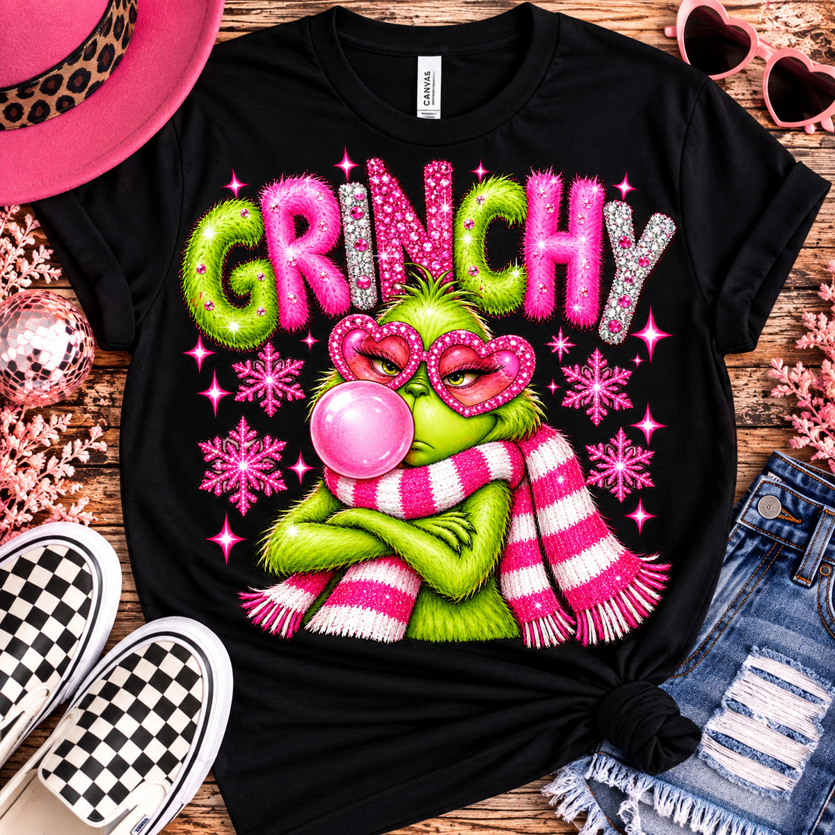 Grinchy & Glam Christmas Tee – Black
