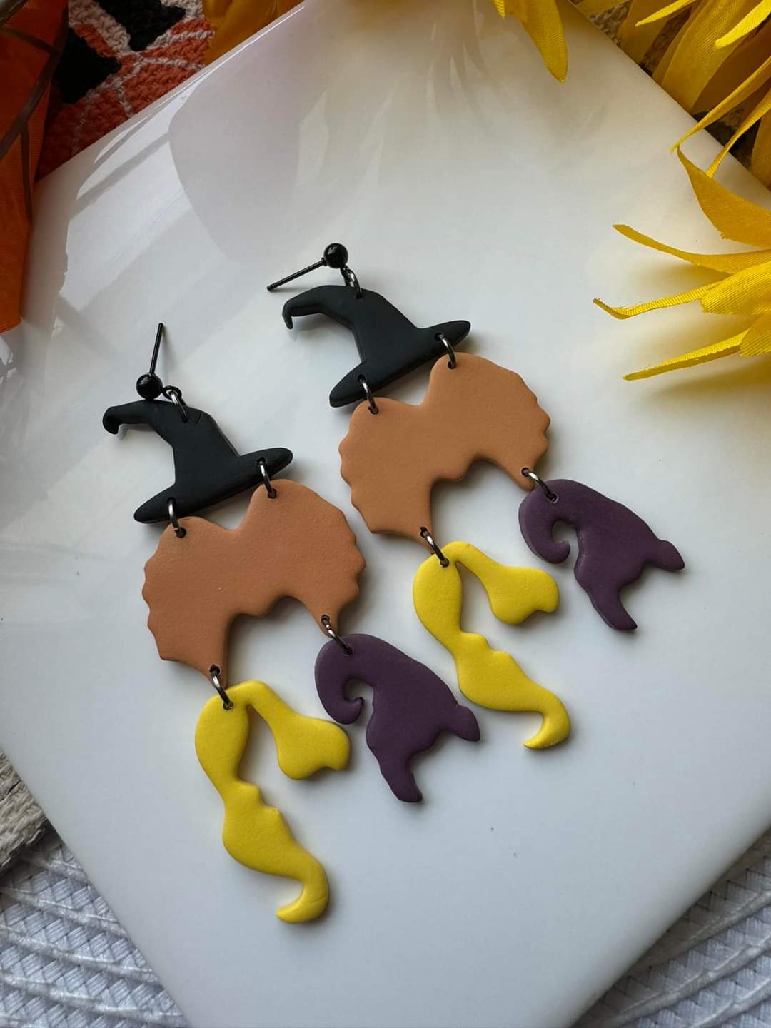 Three Witches Dangle Earrings, Hocus Pocus Insoired Dangke Earrings, Handmade Clay Earrings