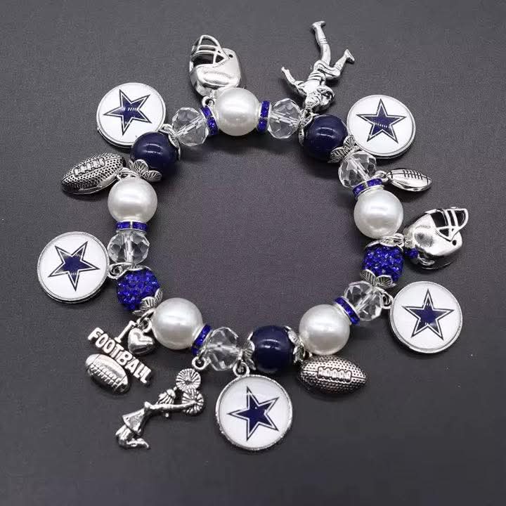 football bracelet, blue star bracelet, game day jewelry, sports accessories, handmade jewelry, boutique bracelet, team spirit bracelet, blue white silver bracelet, game day style