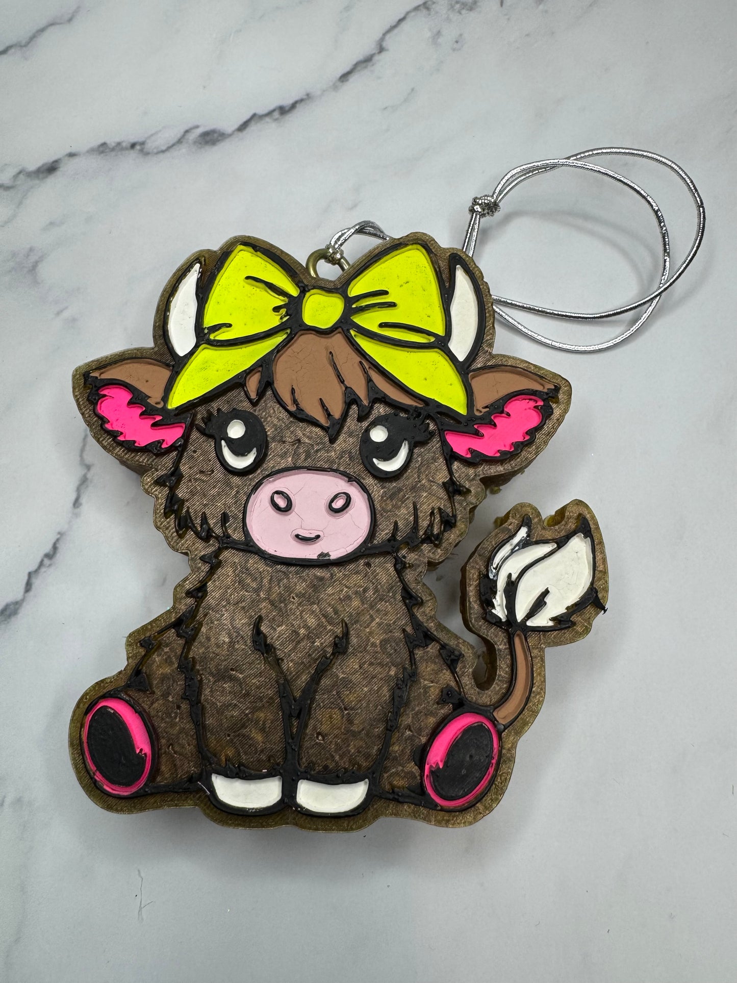 Highland Cow with Bow Car Freshie, Pink and Yellow Cow Car Freshie, Gift for Her