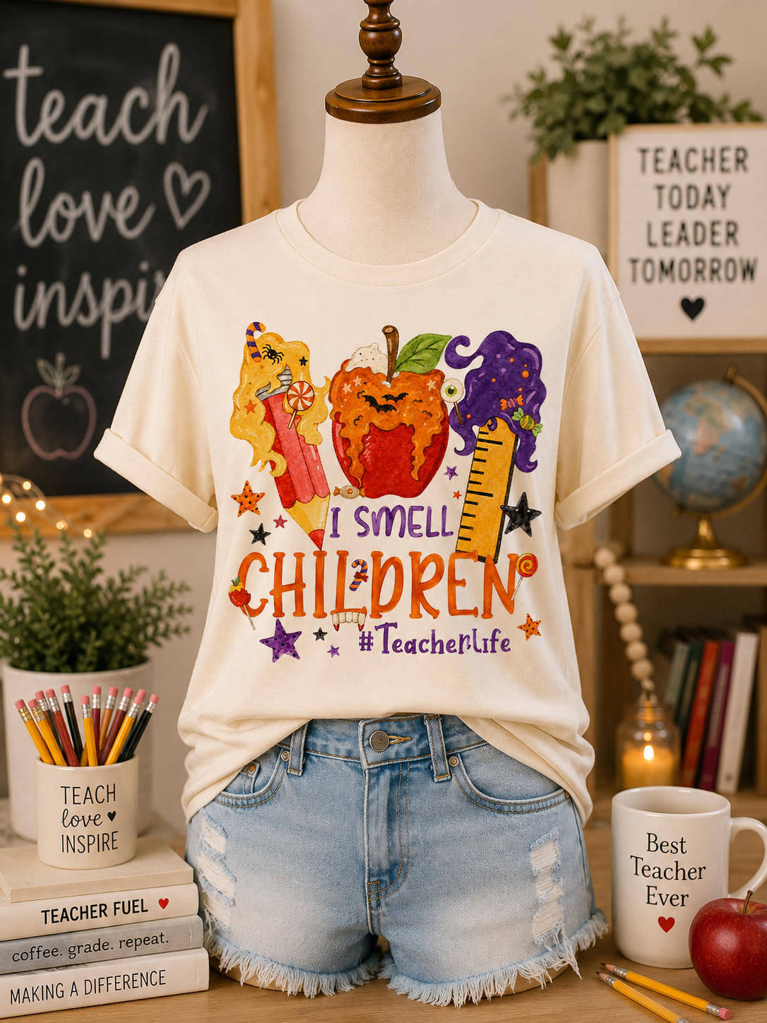 I Smell Children Teacher Graphic Tee | Cream Halloween Teacher Shirt | Funny Fall Teacher Tee