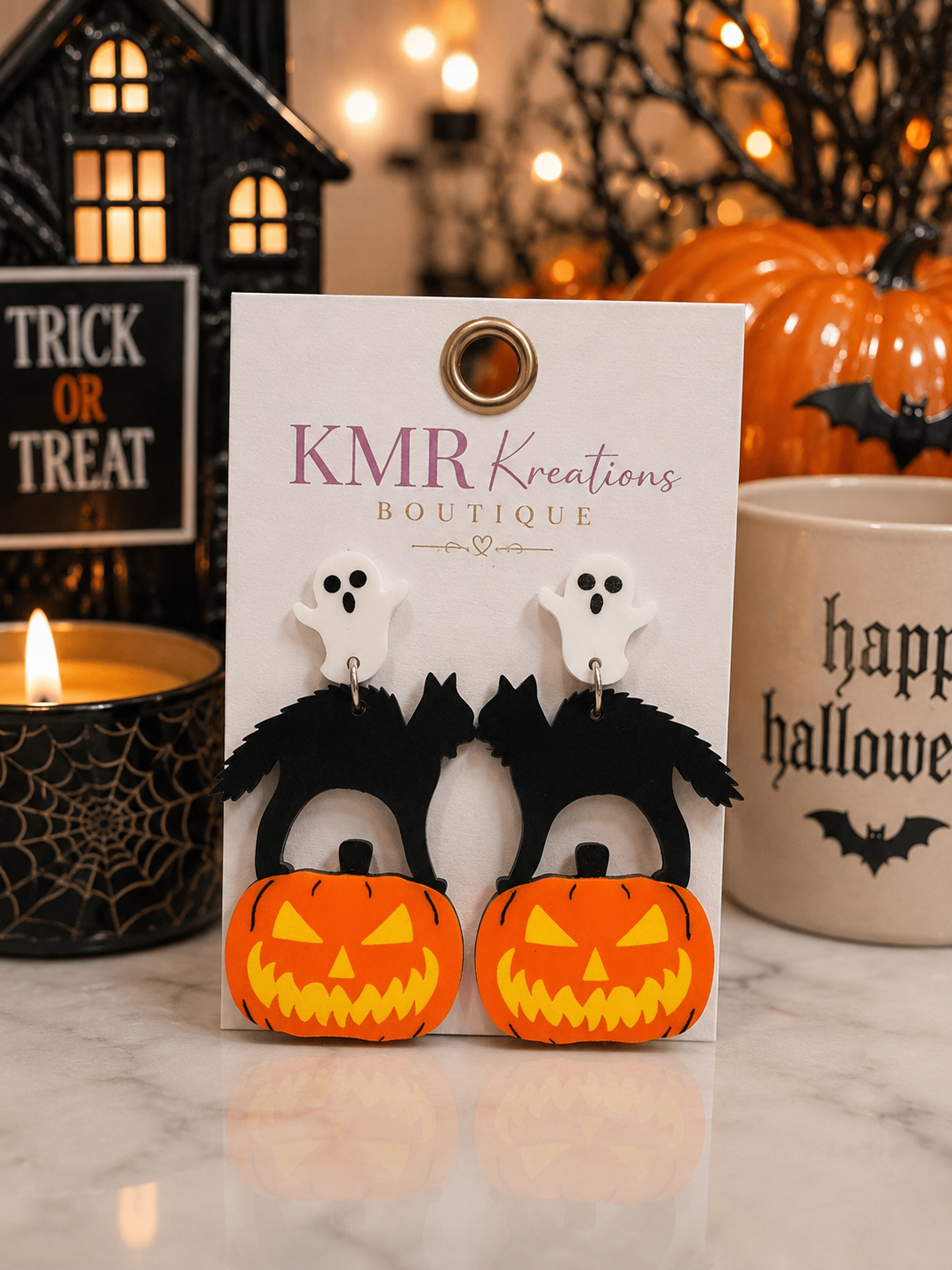 Black Cat & Jack-O’-Lantern Halloween Acrylic Earrings