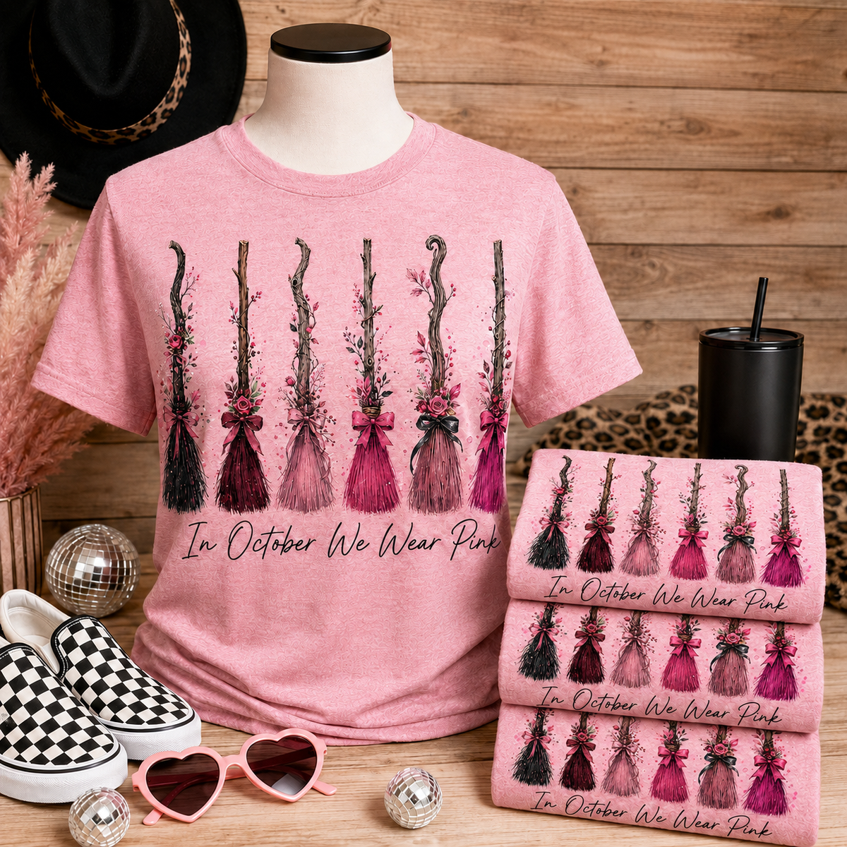 In October We Wear Pink Floral Broom Graphic Tee