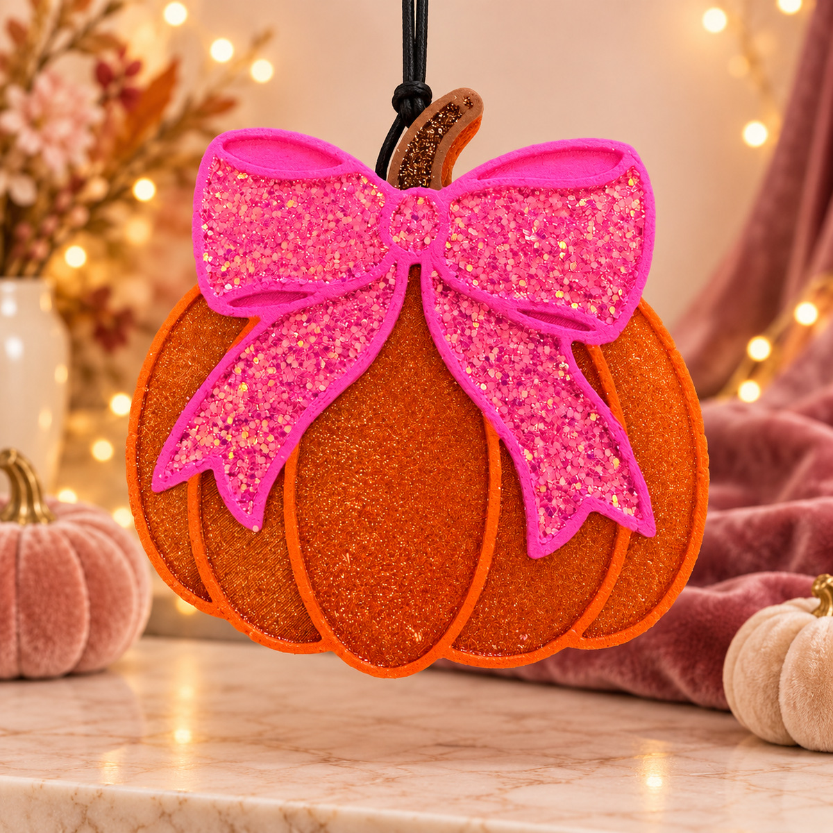 Glitter Pumpkin Car Freshie with Pink Bow – November Rain Scent