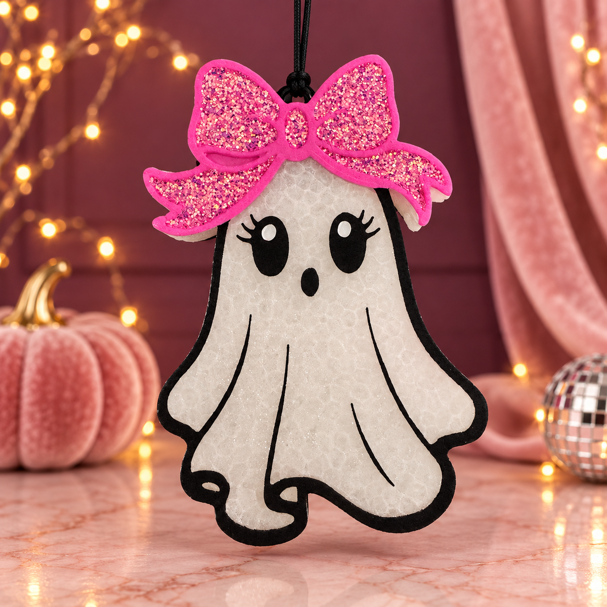 Girly Ghost Car Freshie with Pink Glitter Bow – Flannel Scent