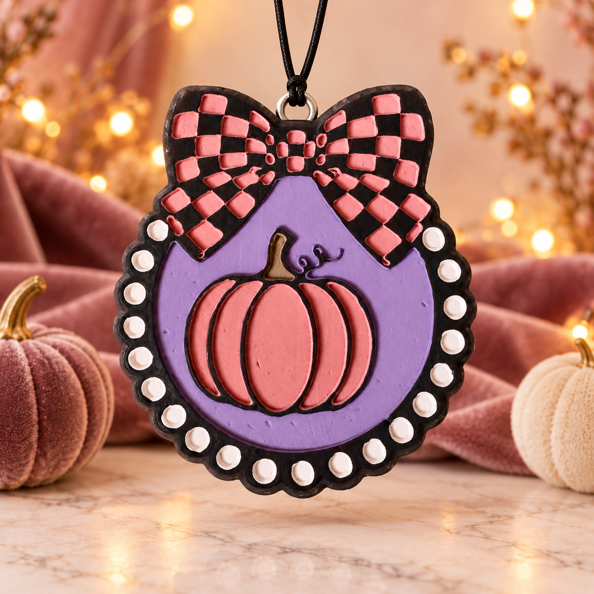 Pink Pumpkin Car Freshie with Checkered Bow – Vanilla Pumpkin Marshmallow Scent