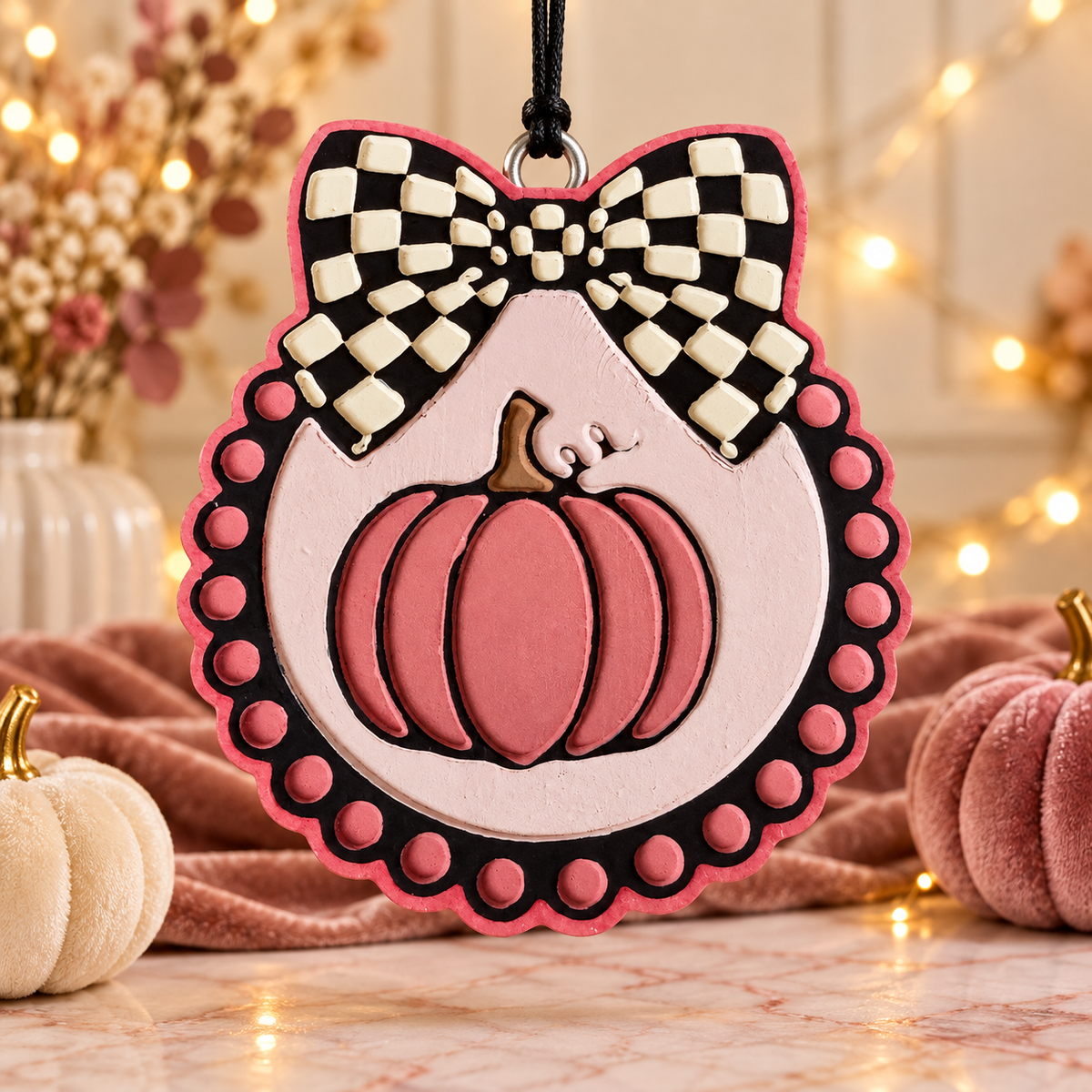 Pink Pumpkin Car Freshie with Checkered Bow – Pumpkin Caramel Crunch Scent