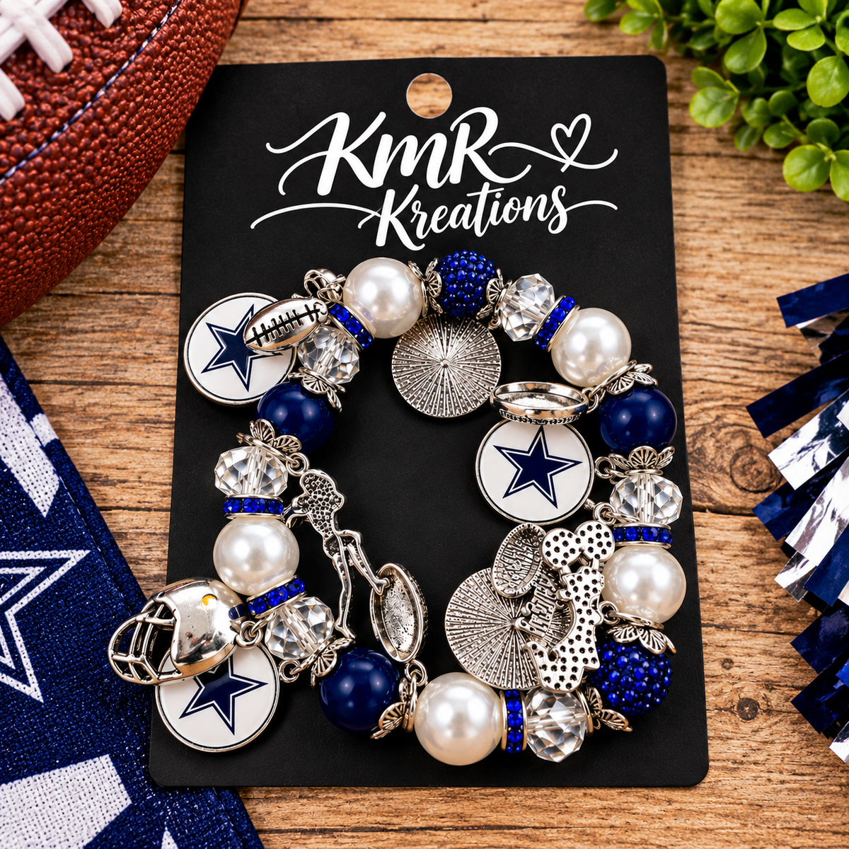 Navy & Silver Football Charm Bracelet | Game Day Bracelet