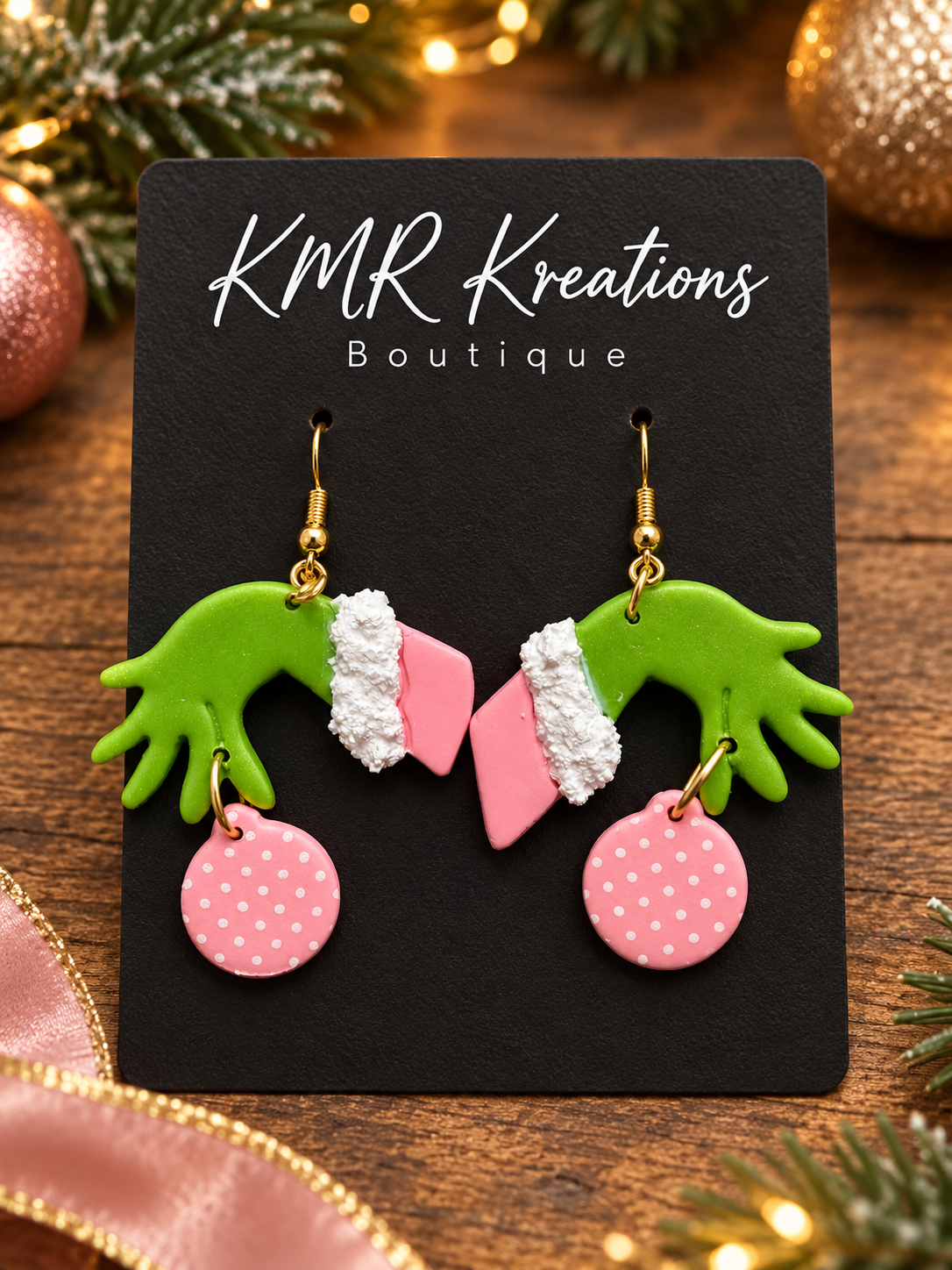 Pink Polka-Dot Holiday Hand Earrings