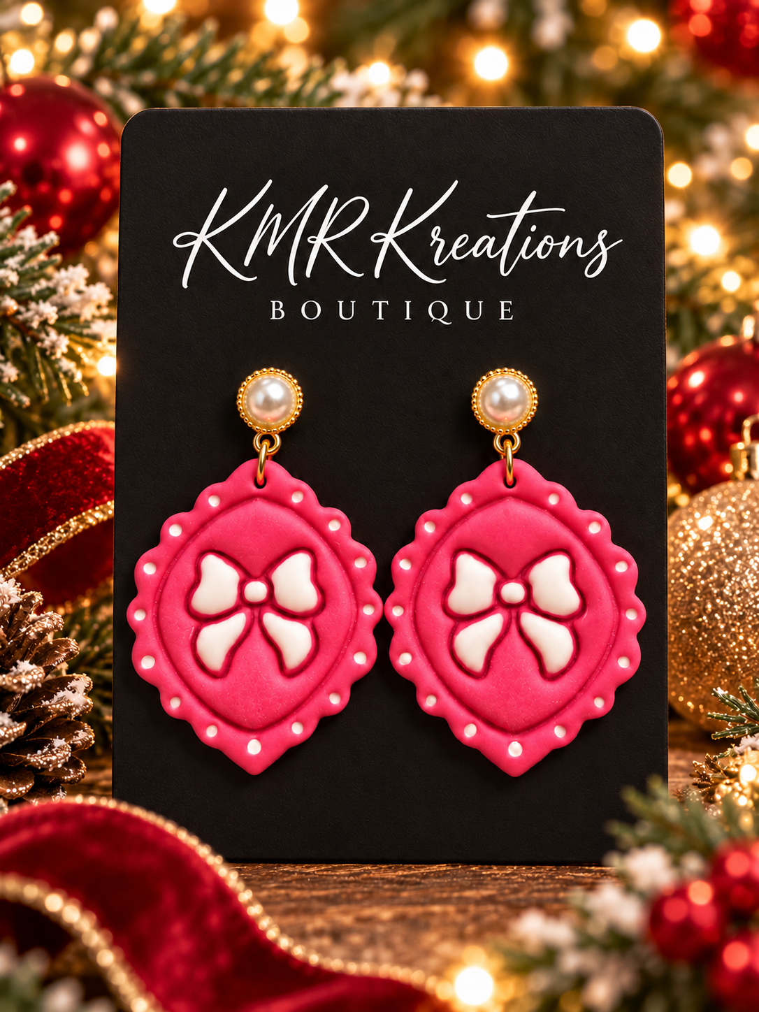 Pink Bow Cameo Christmas Earrings