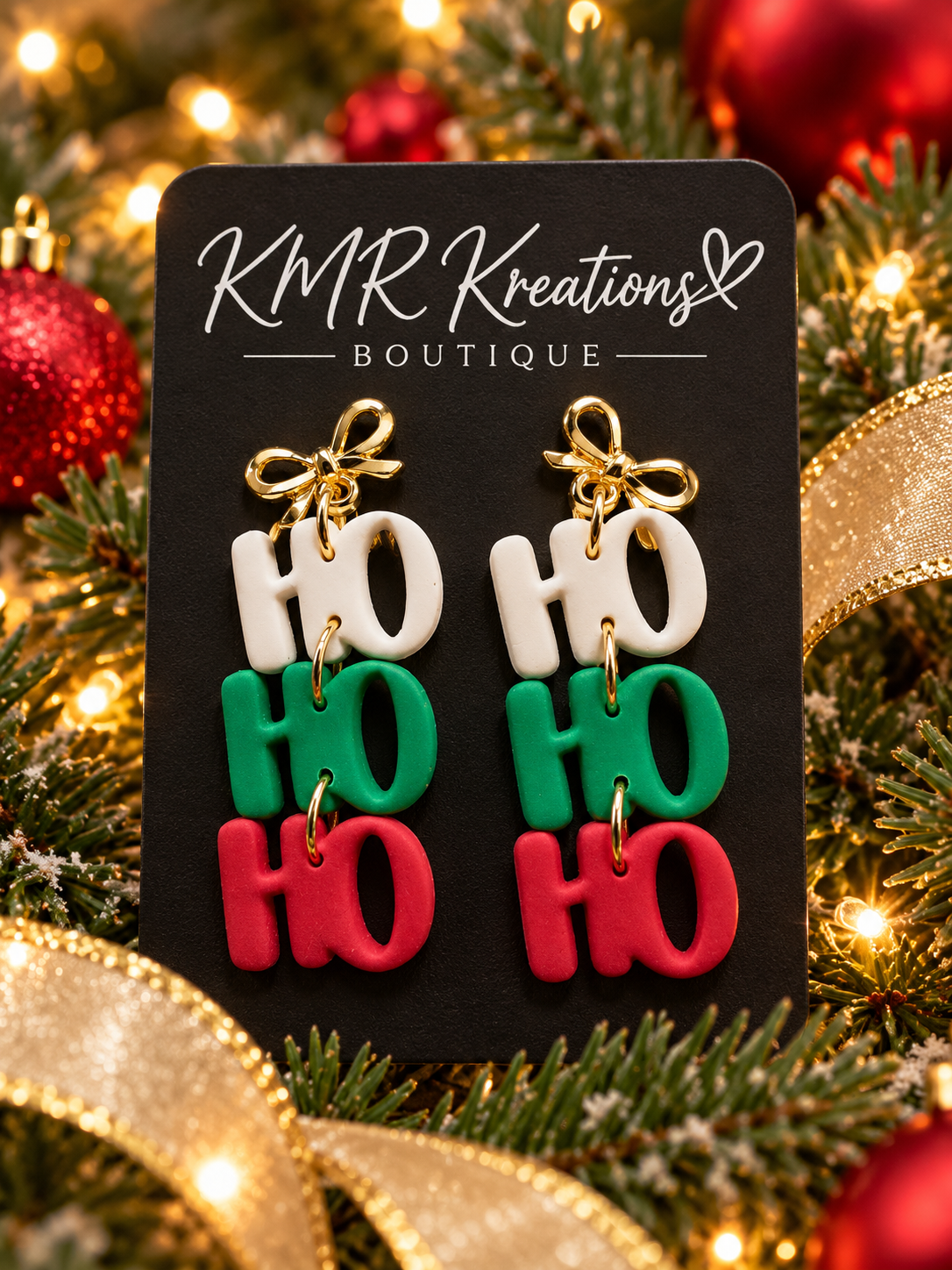 Red, Green & White “HO HO HO” Christmas Earrings