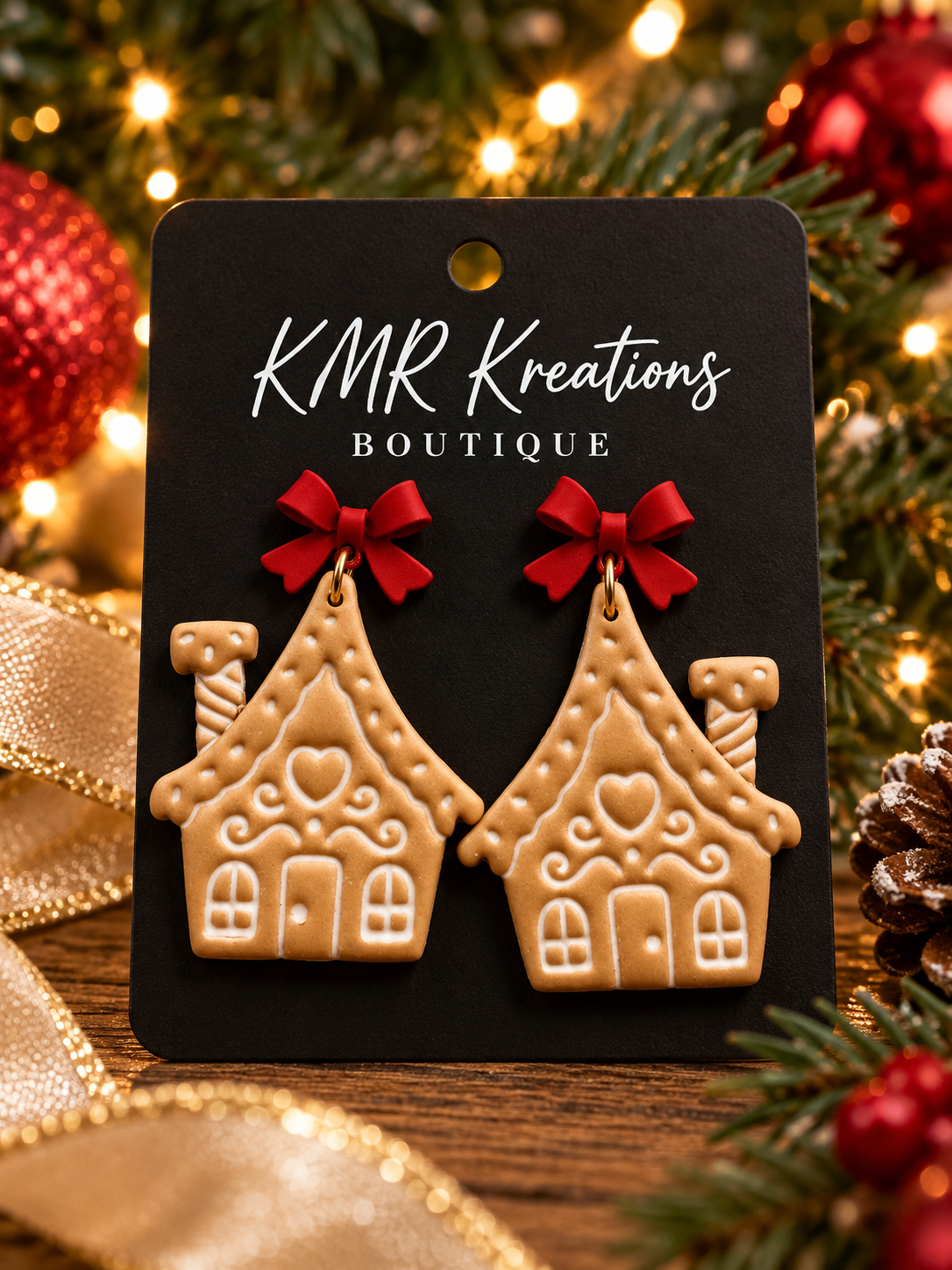 Gingerbread House Christmas Earrings with Red Bows