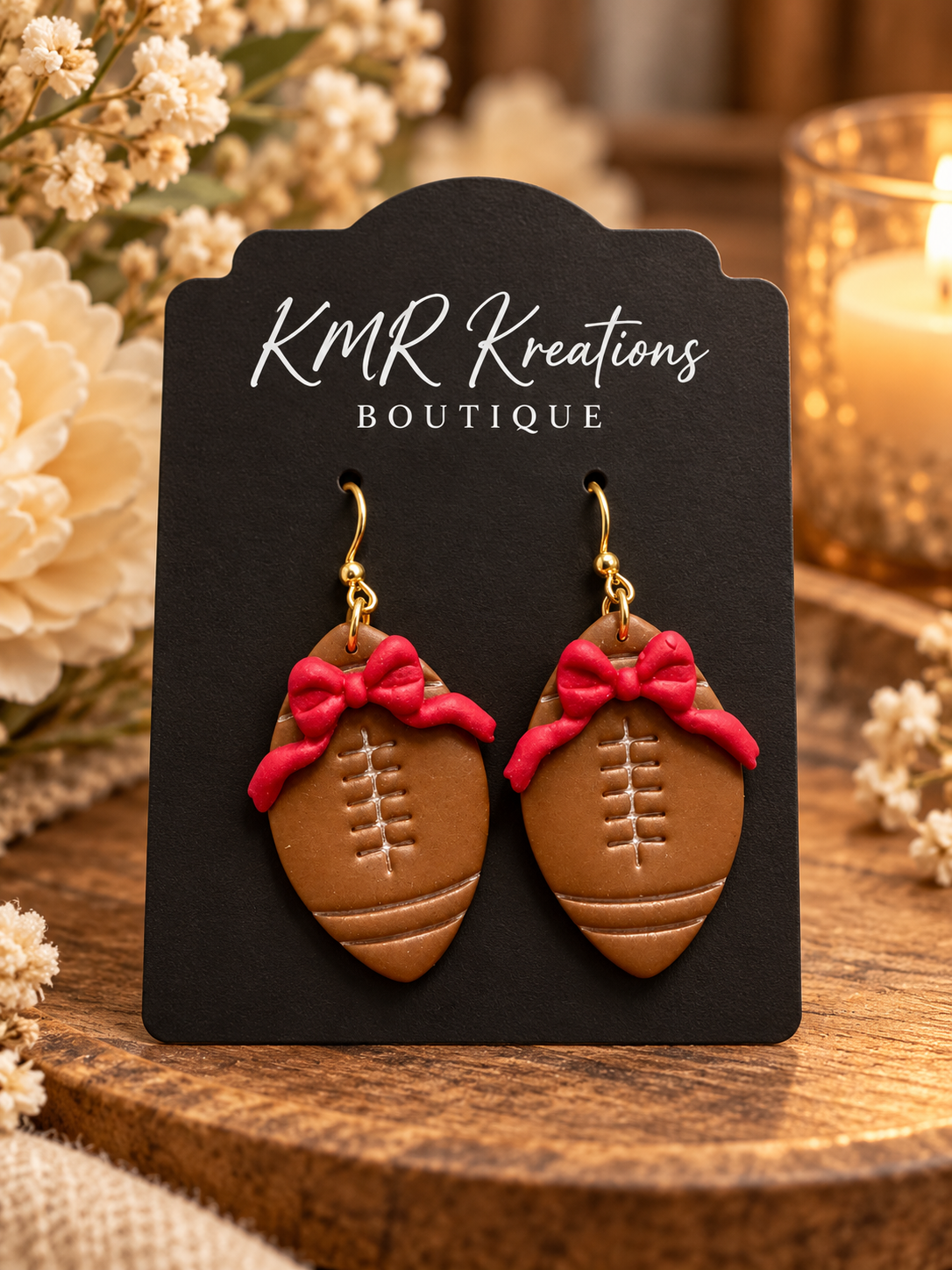 Red Bow Football Clay Earrings