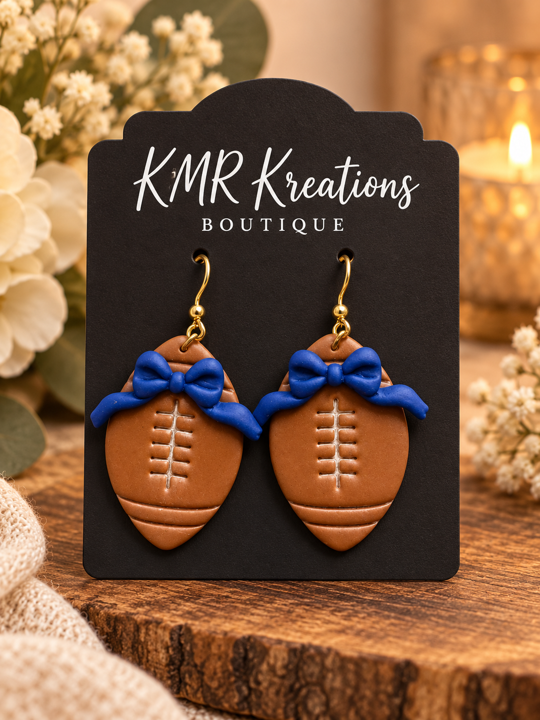 Royal Blue Bow Football Earrings