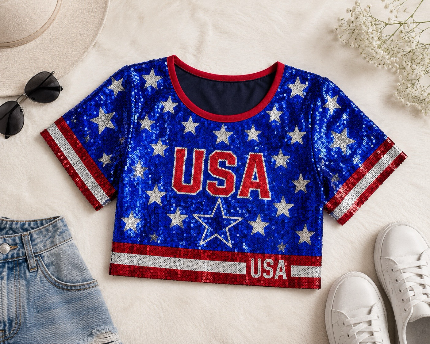 USA Sequin Patriotic Crop Top