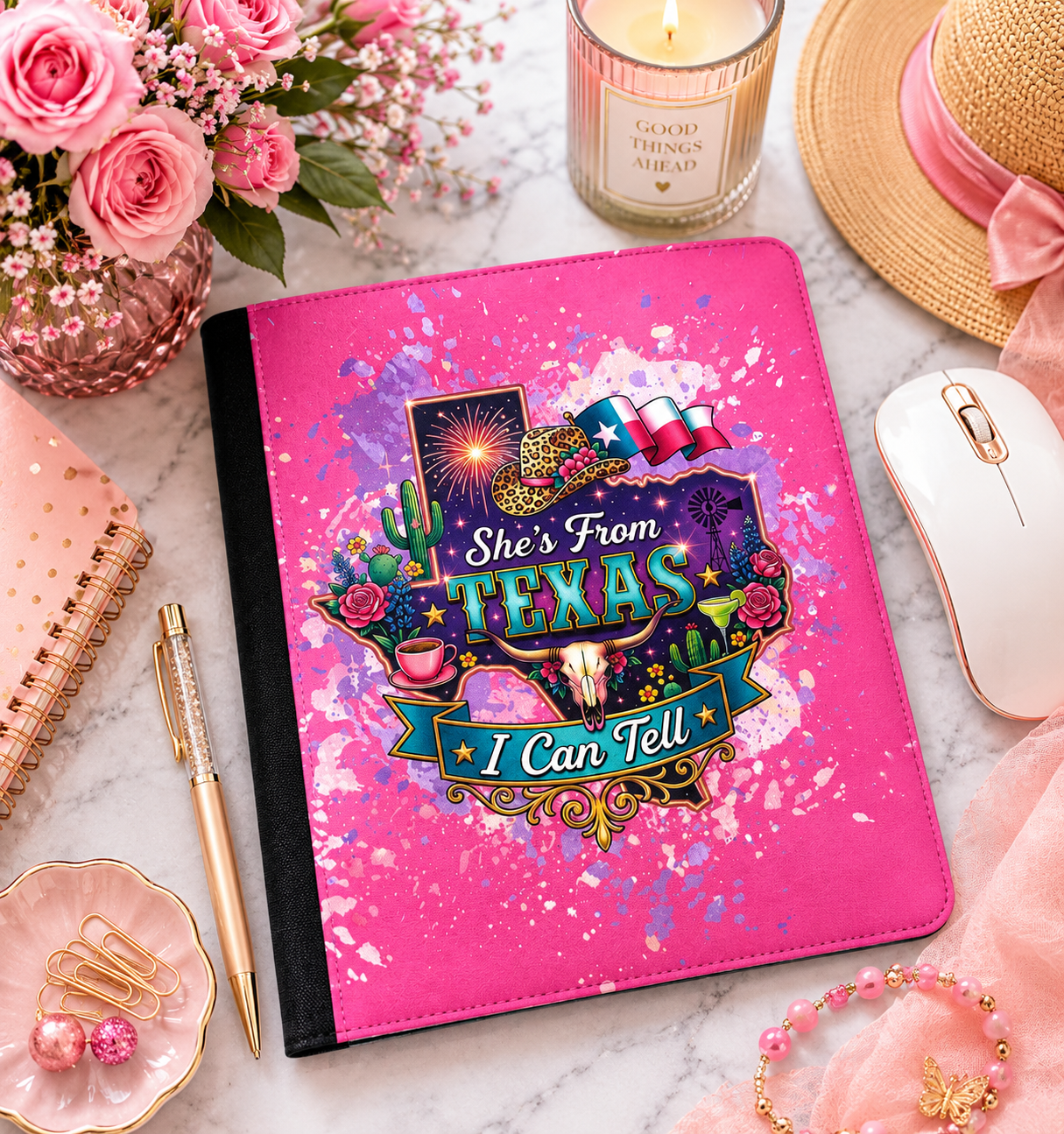 She’s From Texas Portfolio | Western Cowgirl Faux Leather Padfolio | Texas Girl Gift | Rodeo, Teacher & Work Organizer
