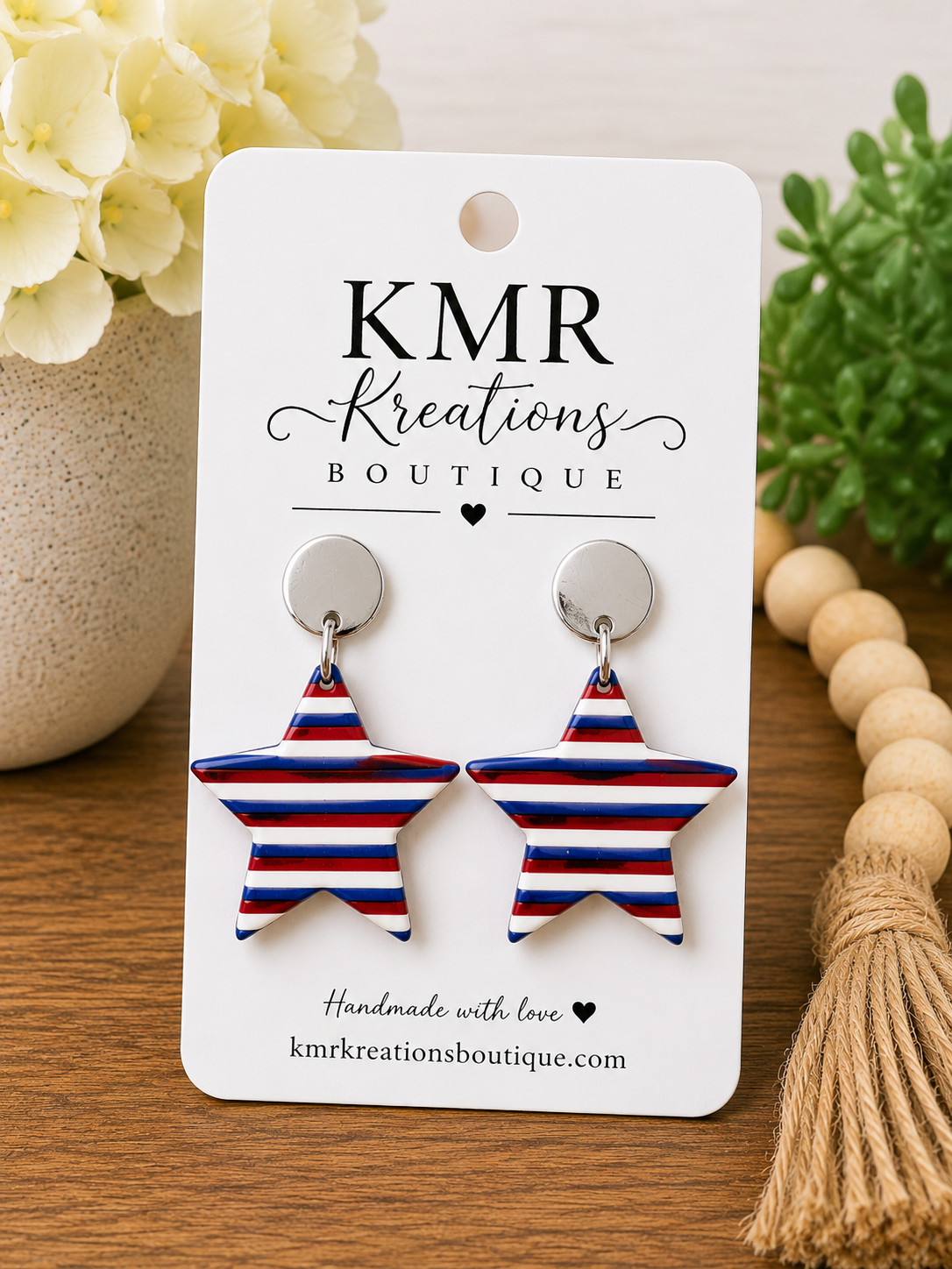 Patriotic Striped Star Earrings β Red, White & Blue Clay | Lightweight Statement Earrings