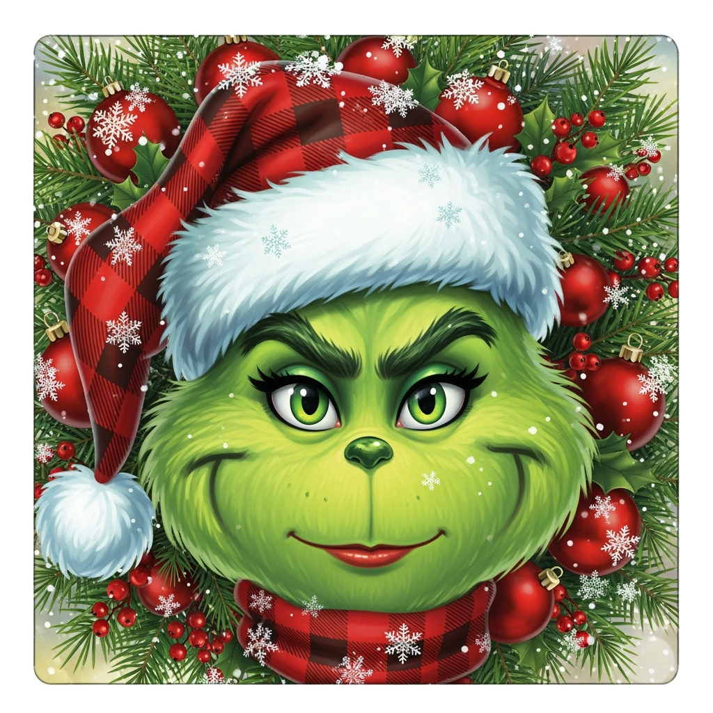 Green Monster Christmas Wreath Sign with Red Plaid Hat | Funny Holiday Door Decor for Wreaths | Christmas Ornament Sign KMR Kreations