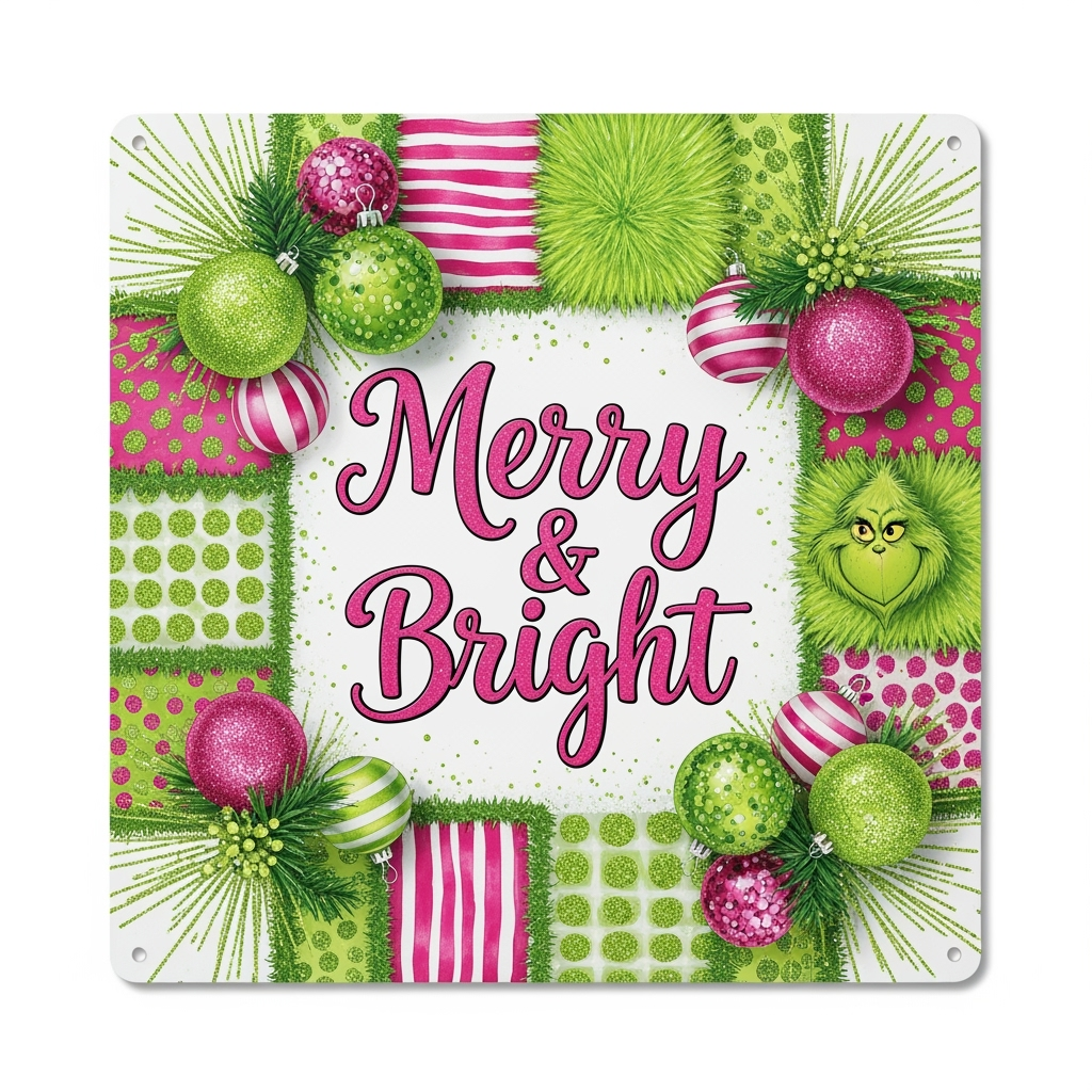 Merry & Bright Grinch Christmas Wreath Sign | Pink and Green Holiday Door Decor | Fun Christmas Wreath Sign KMR Kreations Boutique