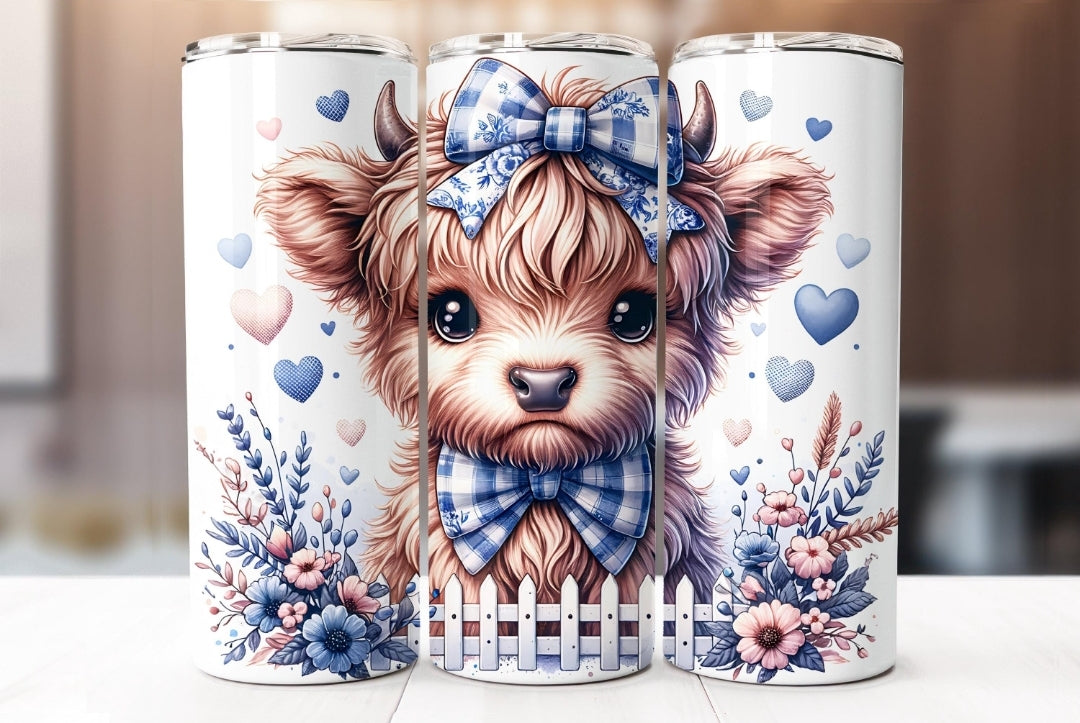 Blue Toile Bow Highland Cow Tumbler, 20oz Skinny Highland Cow Tumbler