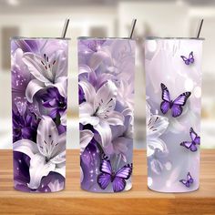 ✨ Purple Floral & Butterfly Stainless Steel Tumbler – 20oz ✨