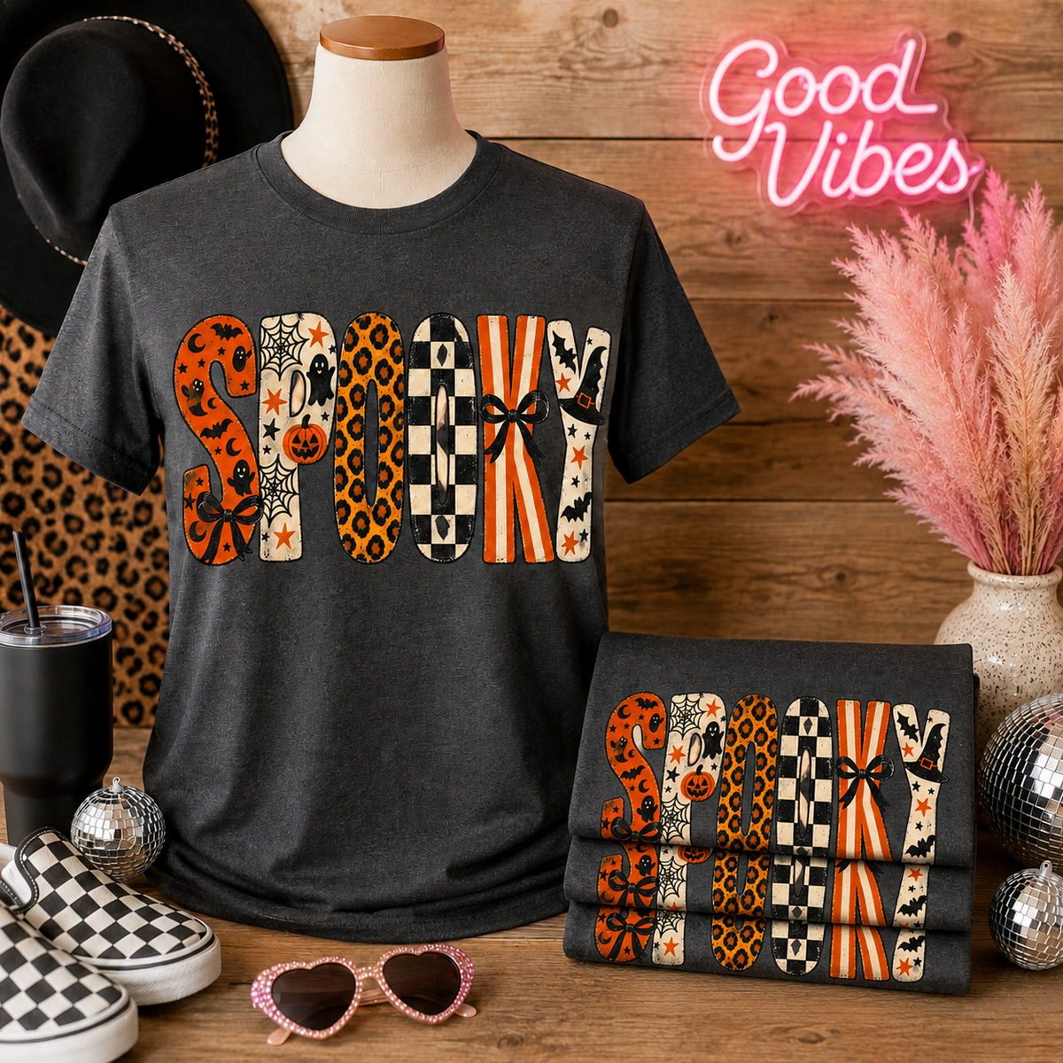 Spooky Halloween Pattern Tee – Heather Gray