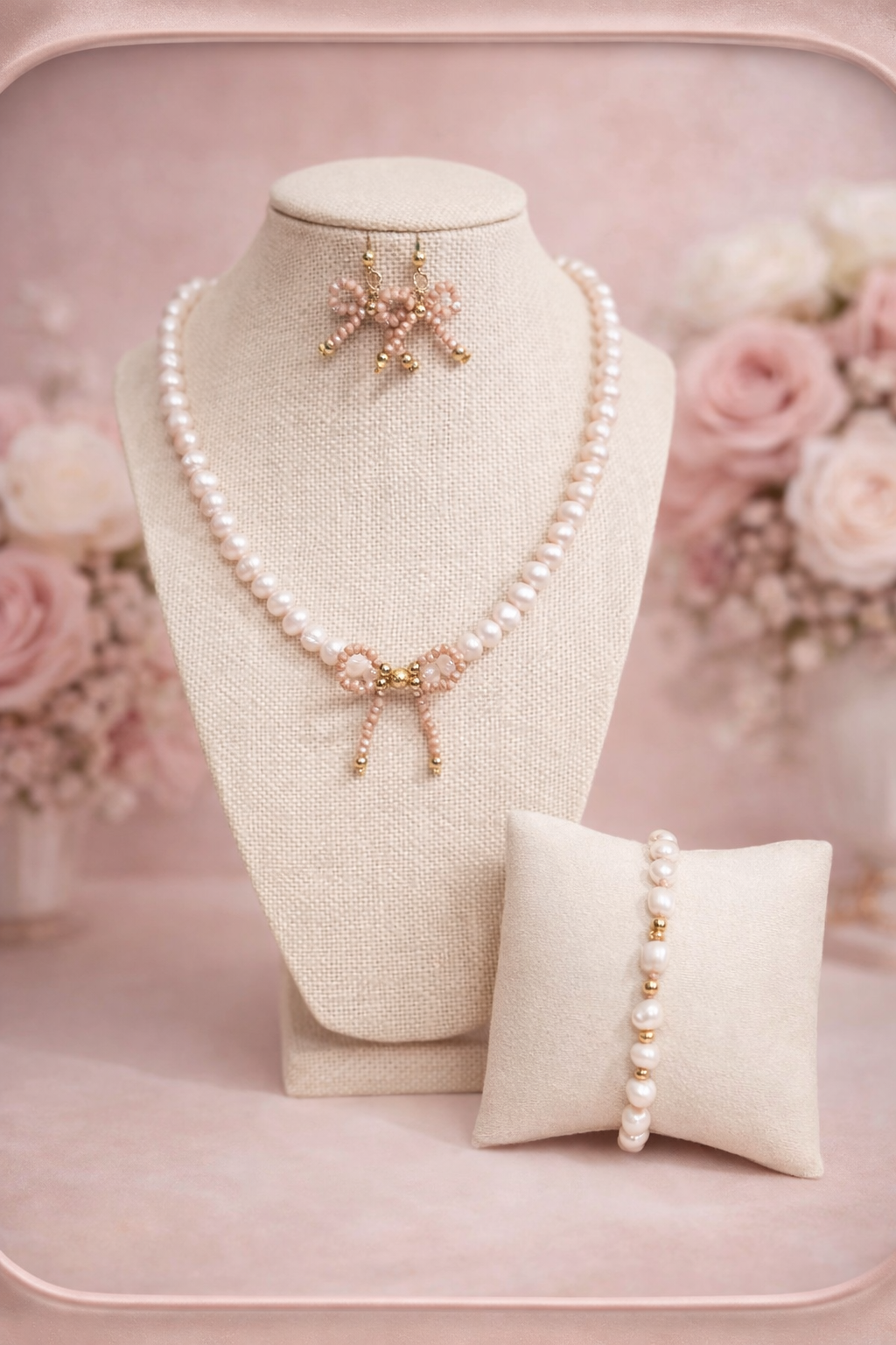 Blush Pearl Bow Jewelry Set – Necklace, Earrings & Bracelet