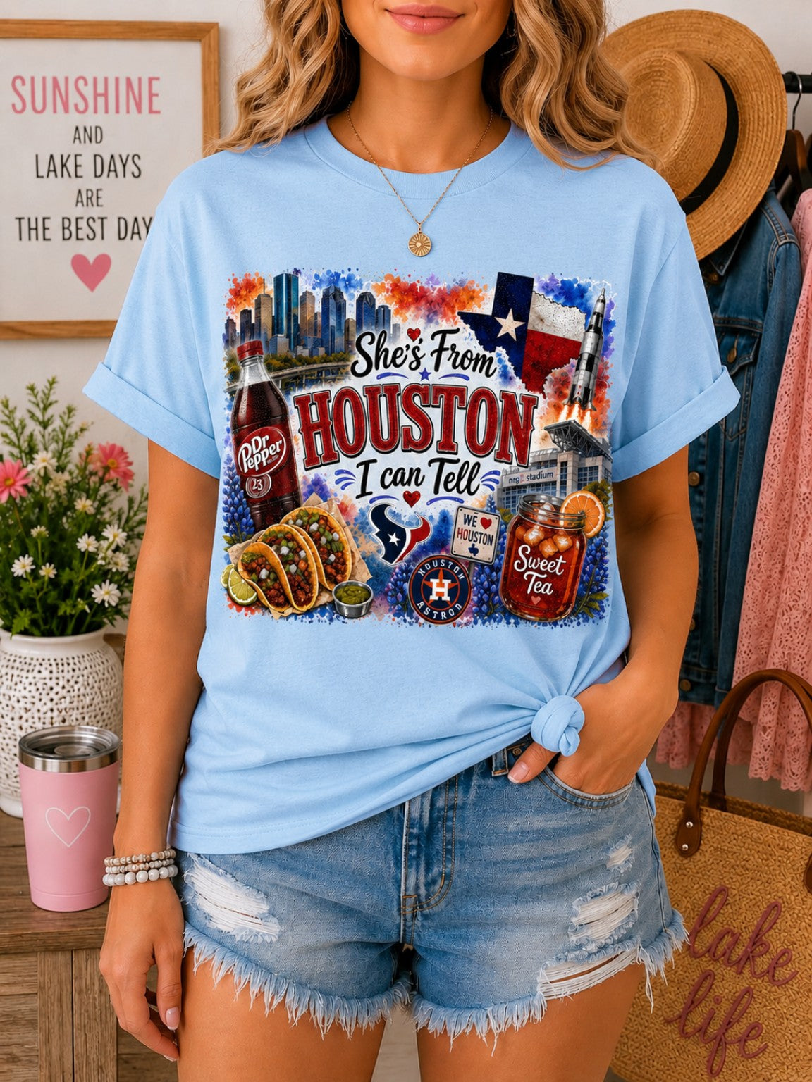 She's From Houston I Can Tell Tee – Light Blue