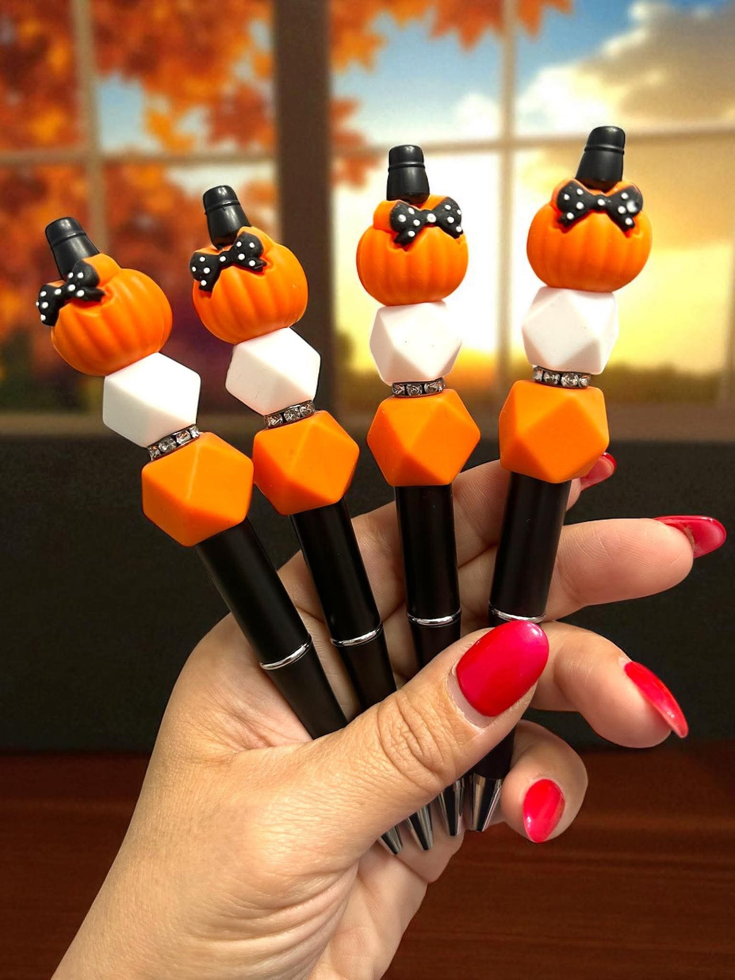 pumpkin pen, fall pen, halloween pen, bead pen, refillable pen, cute stationery, spooky season accessories, planner pen, teacher supplies, boutique pen