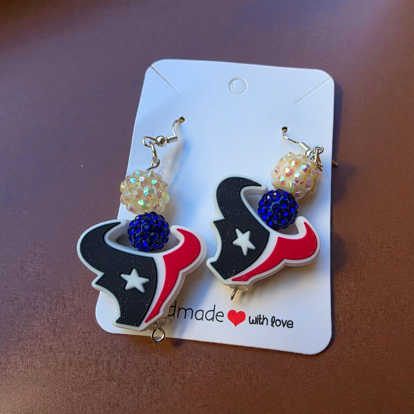 spirit earrings, red white blue jewelry, fan accessories, game day earrings, dangle earrings, boutique jewelry, handmade earrings, statement earrings, sparkle earrings