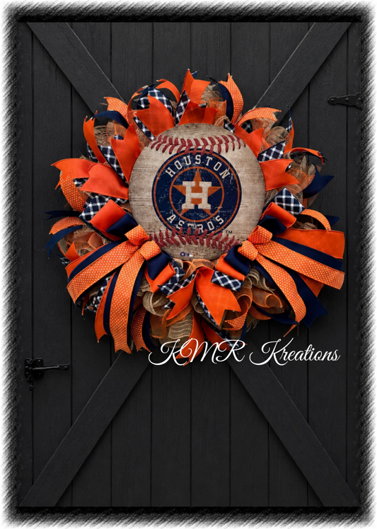 Houston Astros Baseball Wreath – Rustic Orange & Navy Door Décor