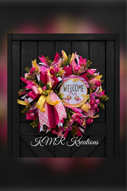 Pink Flamingo Welcome Wreath – Tropical Summer Door Décor