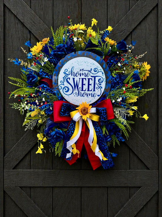 Home Sweet Home Floral Wreath – Blue, Red & Yellow Door Décor