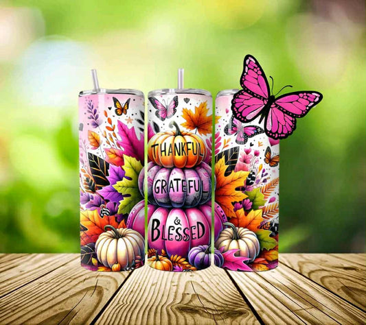 fall tumbler, autumn tumbler, thankful tumbler, grateful tumbler, blessed tumbler, butterfly tumbler, pumpkin tumbler, insulated tumbler, stainless steel tumbler, inspirational tumbler, limited edition tumbler, fall drinkware, cozy fall vibes