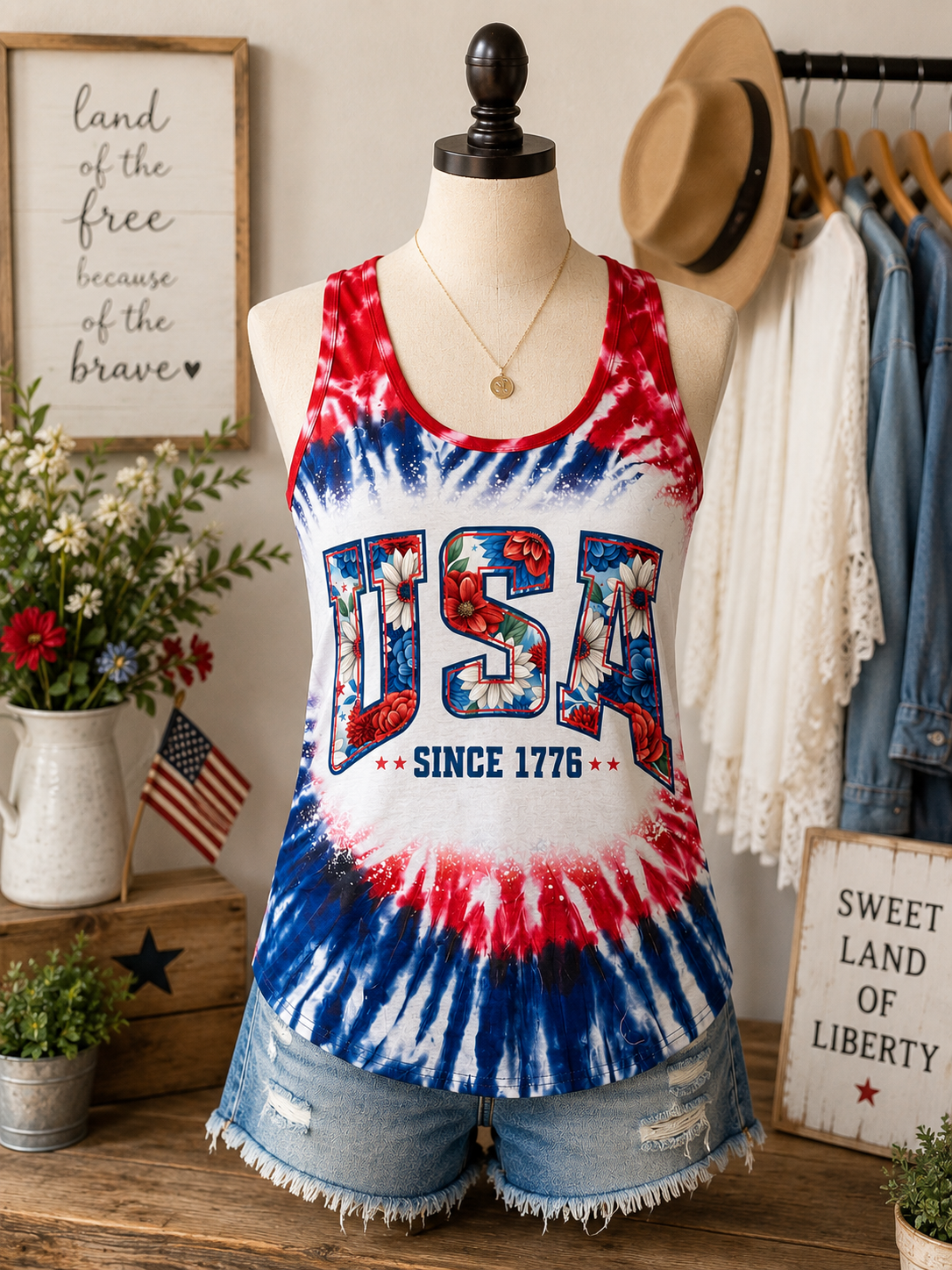 USA Since 1776 Patriotic Tie-Dye Tank Top