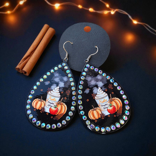 fall earrings, pumpkin spice jewelry, rhinestone earrings, teardrop earrings, autumn accessories, pumpkin earrings, statement jewelry, fall fashion, seasonal earrings