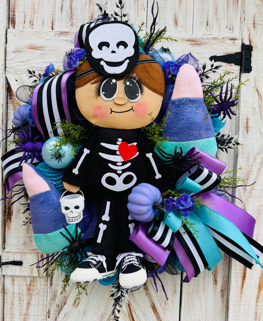 halloween wreath, candy corn wreath, halloween decor, spooky wreath, skeleton wreath, whimsical halloween, fall door decor, trick or treat wreath, handmade wreath, boy wreath, candycorn lover wreath