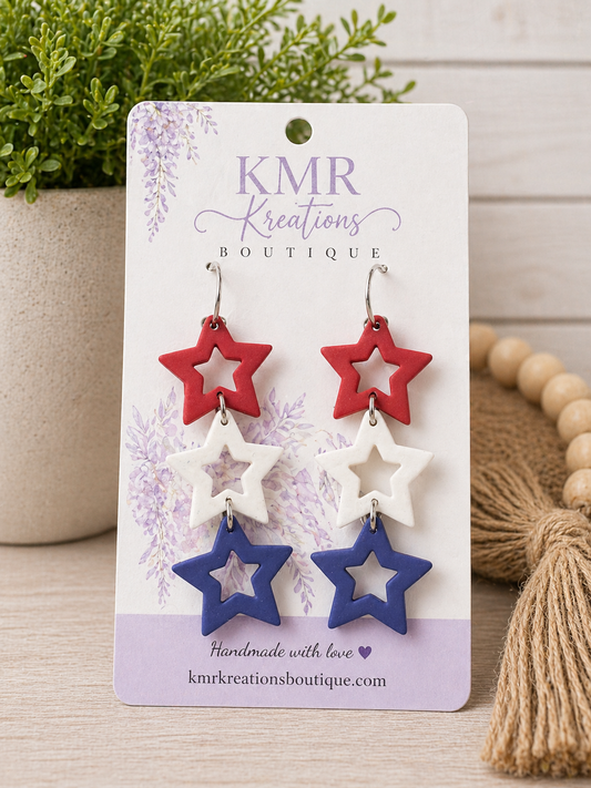 Patriotic Cutout Star Dangle Earrings – Red, White & Blue Clay | Lightweight Handmade Earrings