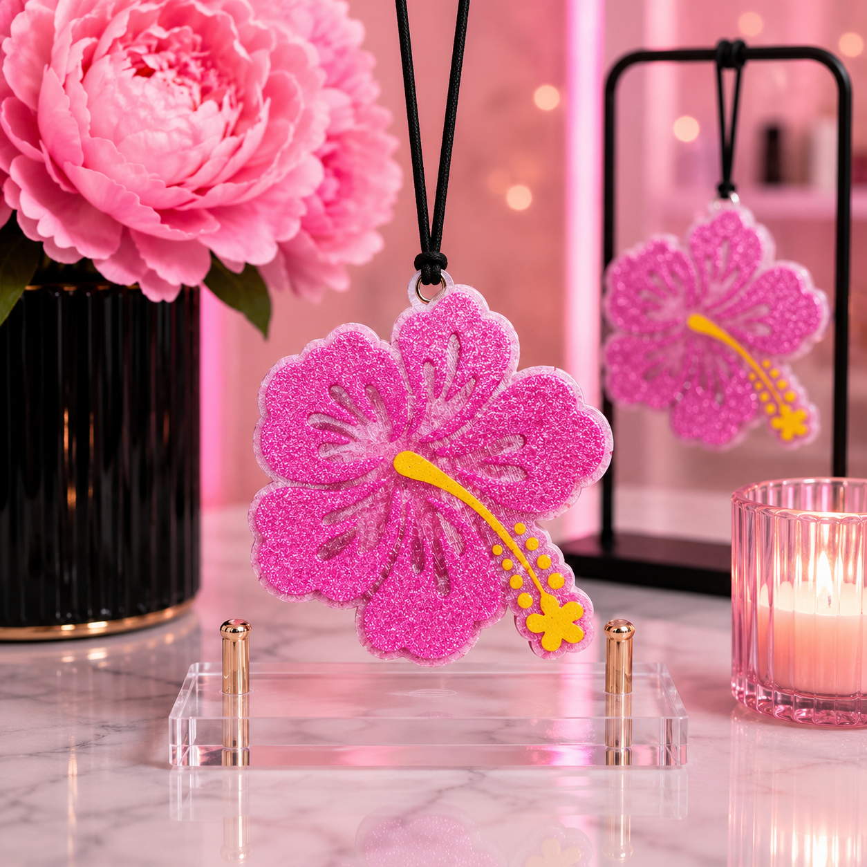 Pink Hibiscus Flower Car Freshie – Available in Butt Naked or Teakwood