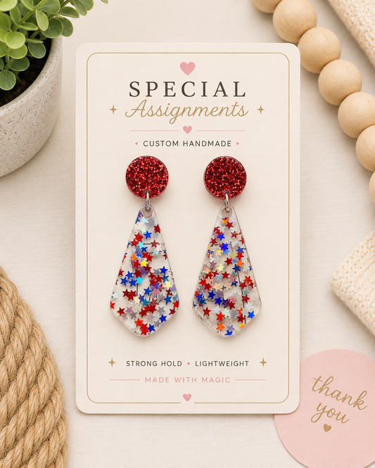 Patriotic Star Confetti Dangle Earrings – Red, White & Blue Statement Earrings