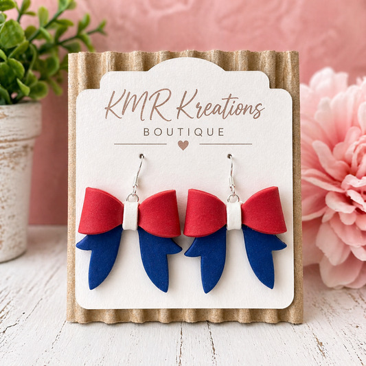 Patriotic Bow Clay Earrings | Red White & Blue Statement Earrings | Handmade USA Jewelry