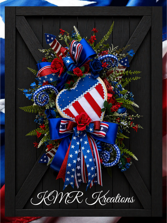 Patriotic Heart Door Swag – Red, White & Blue Floral Décor